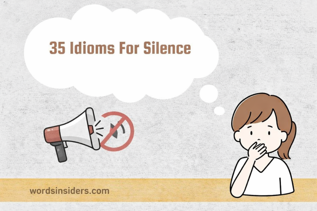 35 idioms for silence concept illustration with quiet girl and no sound symbol