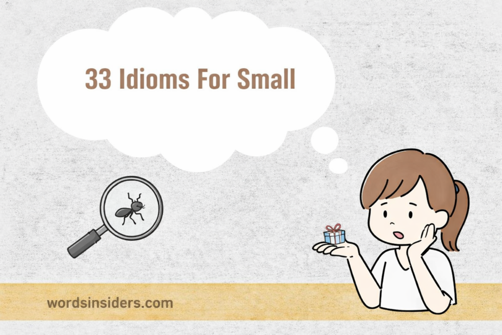 33 idioms for small concept illustration showing tiny objects and magnifying glass