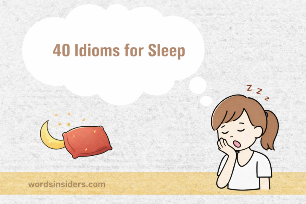 40 idioms for sleep illustration with clock, hourglass, and thinking character