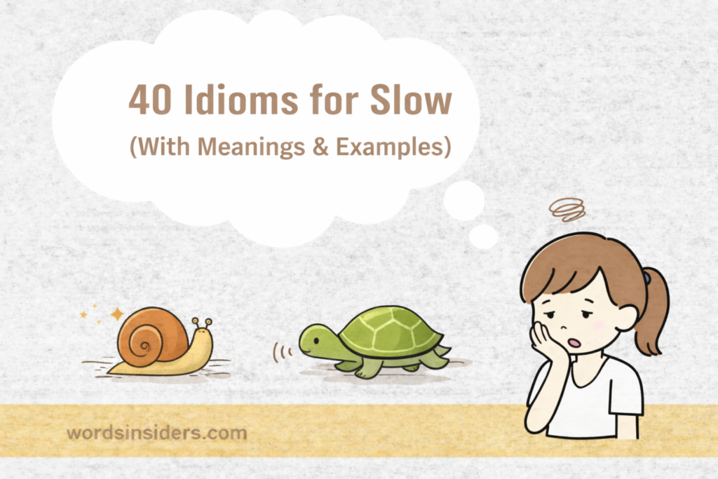 40 idioms for slow illustration with snail, turtle, and tired character
