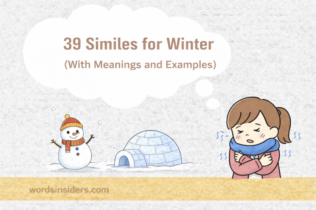 39 similes for winter illustration with snowman, igloo, and cold weather character