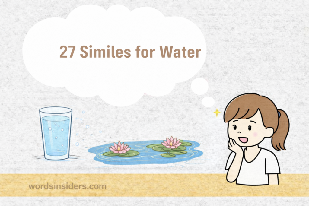 27 similes for water illustration with glass of water, pond, and thinking character