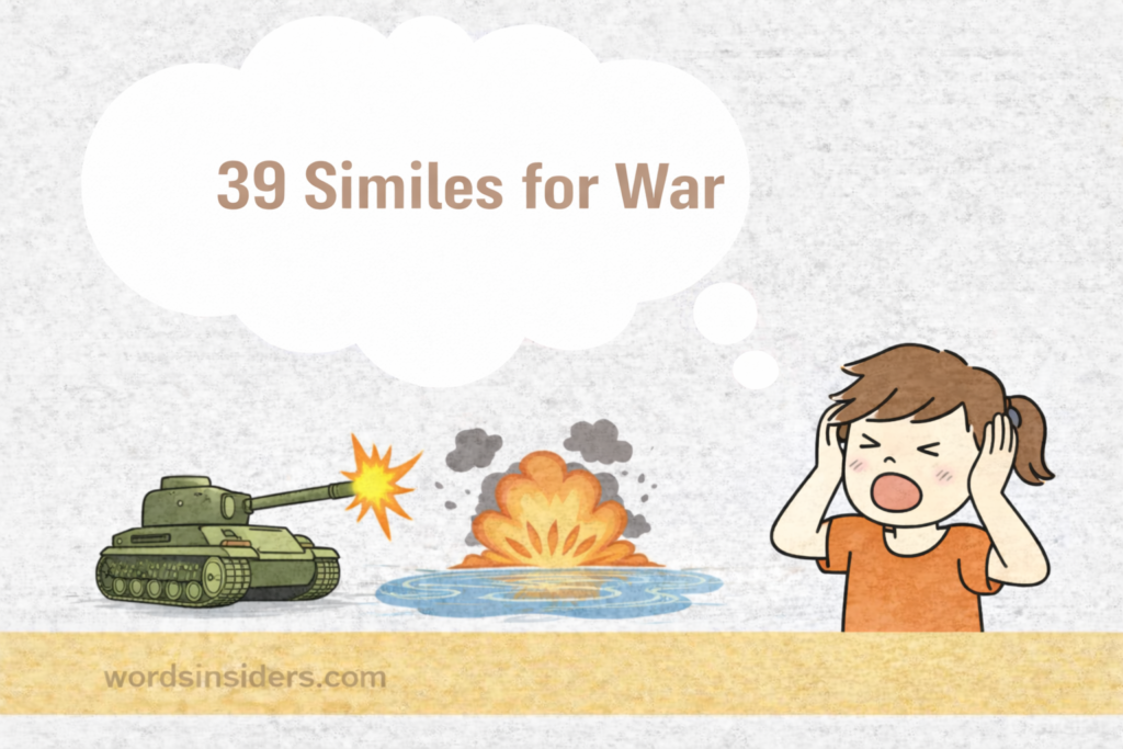 39 similes for war illustration with battle symbols and expressive character