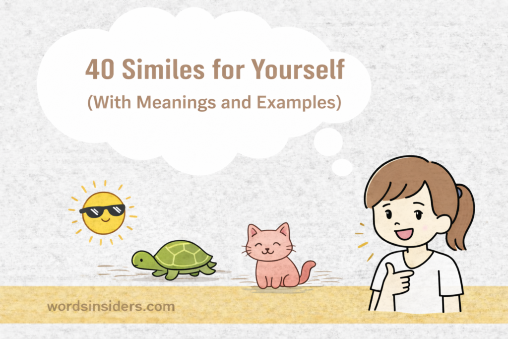 40 similes for yourself illustration with smiling character and symbols representing personality traits