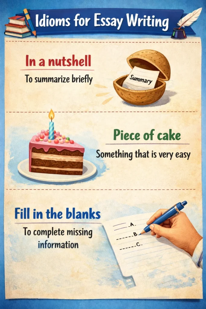 Idioms for essay writing with meanings and examples