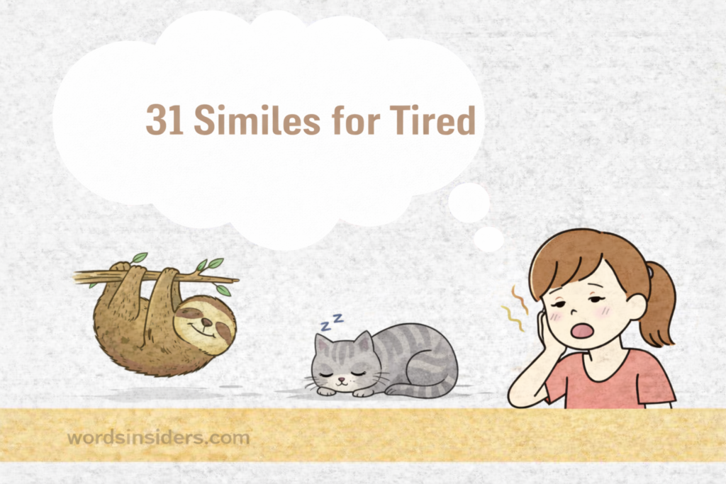 31 Similes for Tired illustrated with sleepy girl, sloth, and cat