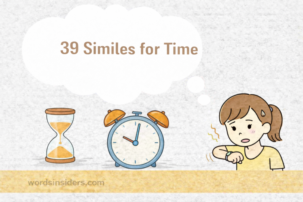 39 Similes for Time illustration with hourglass, alarm clock, and girl checking watch