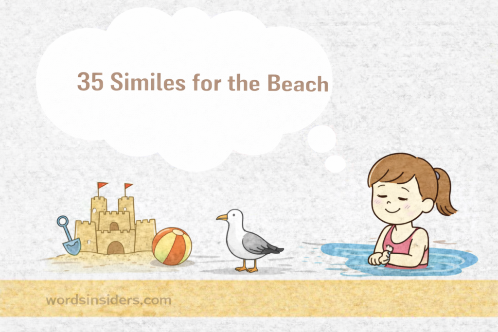 35 Similes for the Beach illustration with sandcastle, seagull, beach ball, and girl in water