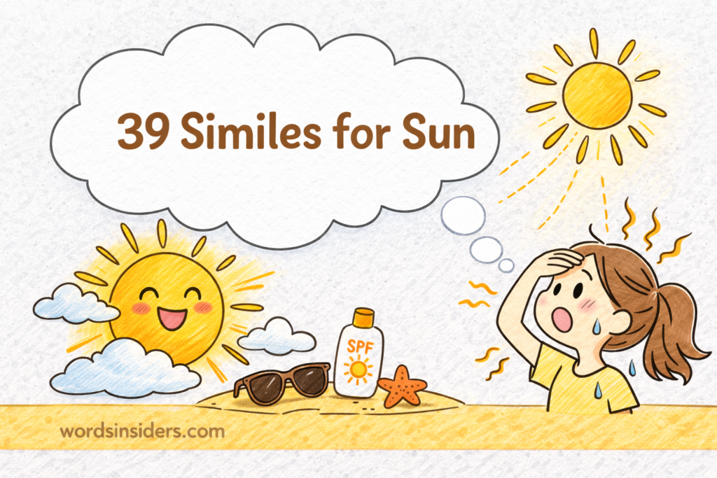 39 Similes for Sun illustration with smiling sun, palm tree, seagull, and girl feeling heat